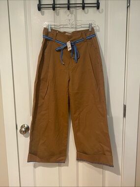 Free People Brown Wide-Leg Chinos with Blue-Striped Tie Belt